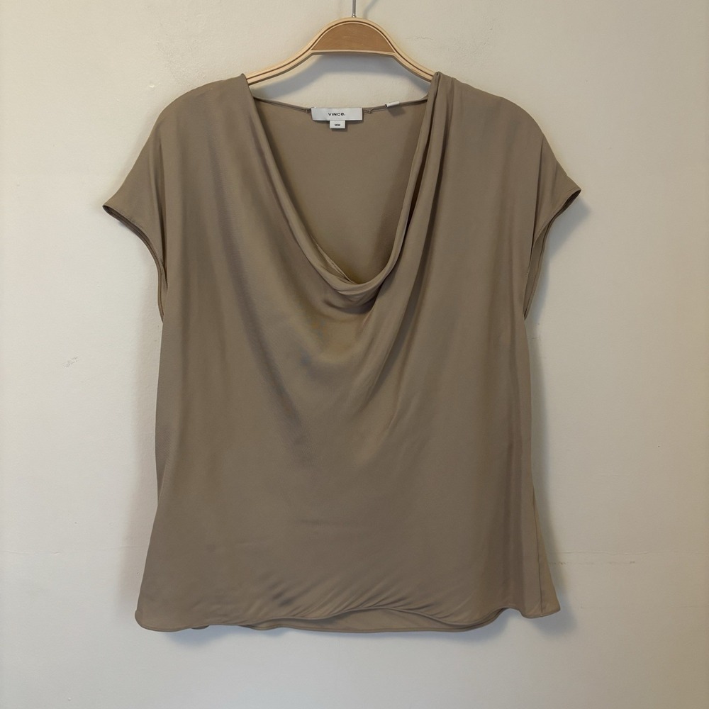 Vince Women's‎ Blouse Silk Blend Cowl Neck Top Officecore Medium Tan - Desc